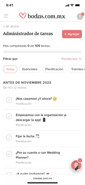 Barra de progreso de la agenda de tareas: 0 tareas completadas de 105