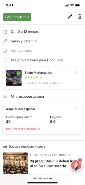 haz seguimiento de tu Presupuesto y tus Proveedores desde la agenda de tareas